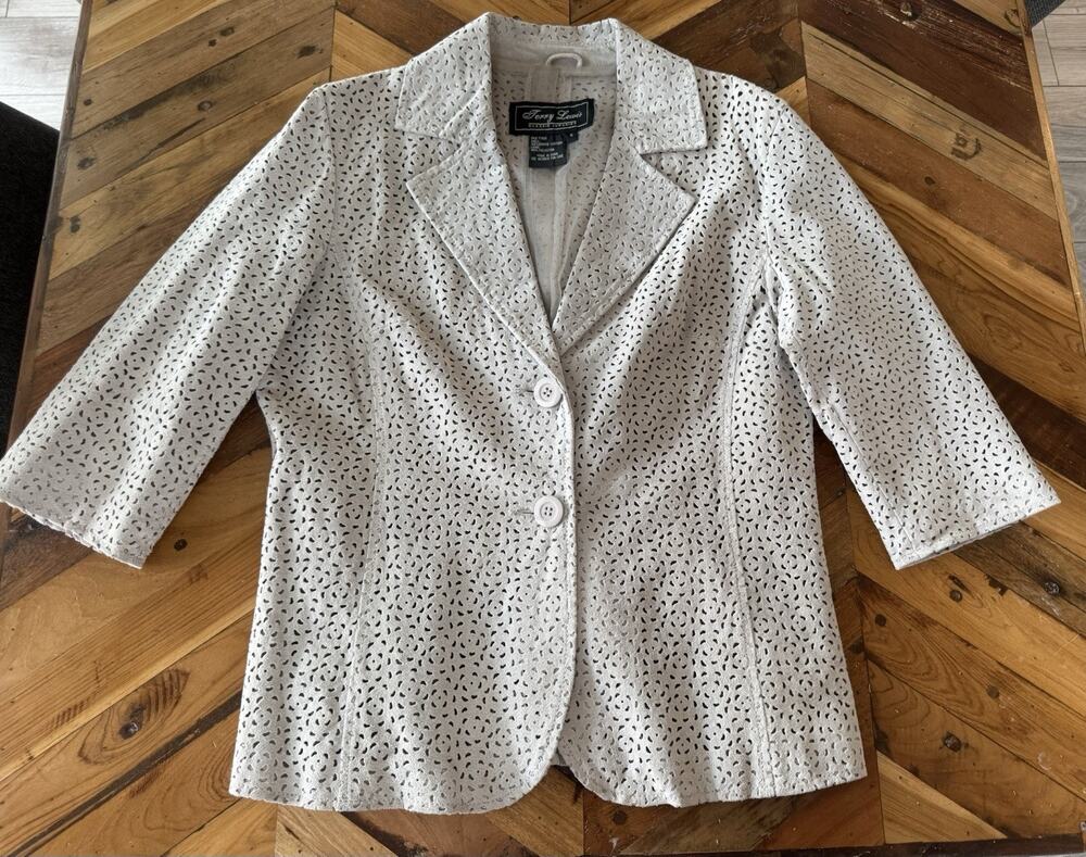 Vintage Terry Lewis Gray Perforated Suede Leather Blazer Jacket Size S 90s Boho